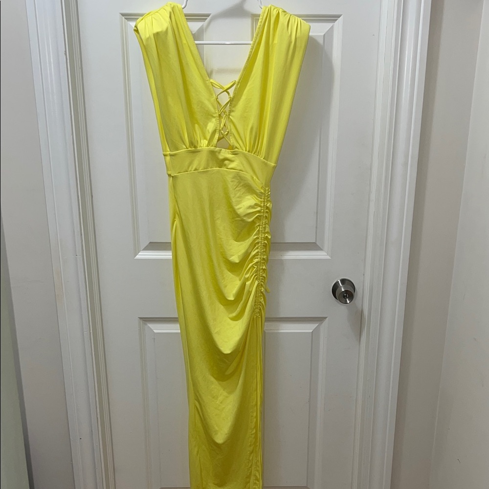 Yellow Sleeveless V-Neck Ruched Maxi dress